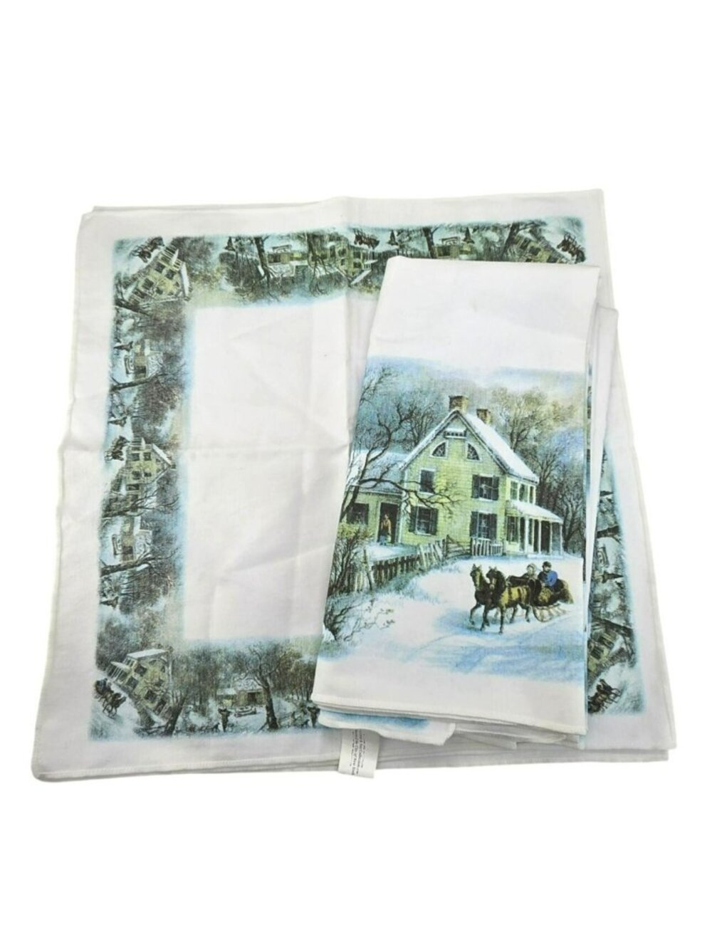 Vintage Currier & Ives "Winter In The Country" Tablecloth & Napkin Set JJ4348
